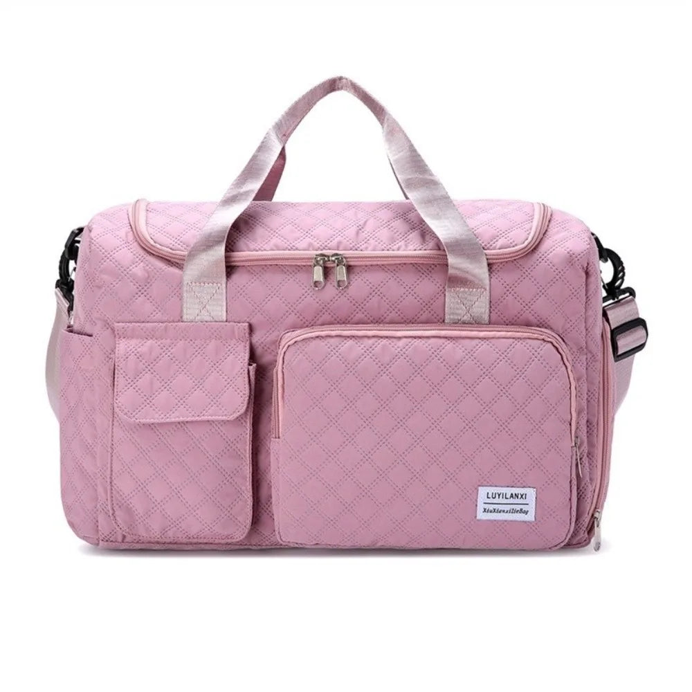 Simple Quilted Travel Duffle Bag Solid Color Oxford Sports Tote Bag Single Shoulder Foldable Travel Handbag Girl