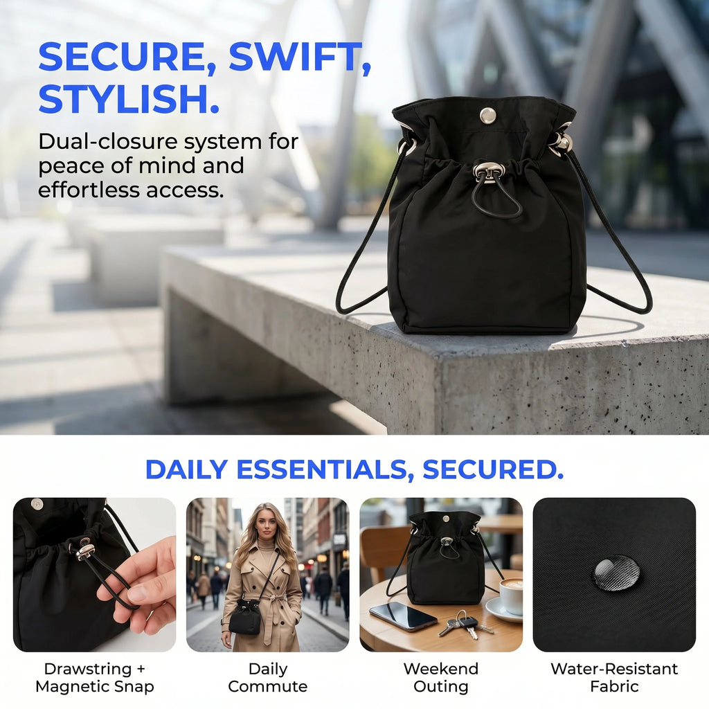 Pomelo Best Mini Nylon Drawstring Crossbody Bag Waterproof Magnetic Snap Small Bucket Shoulder Bag For Daily Travel Outing