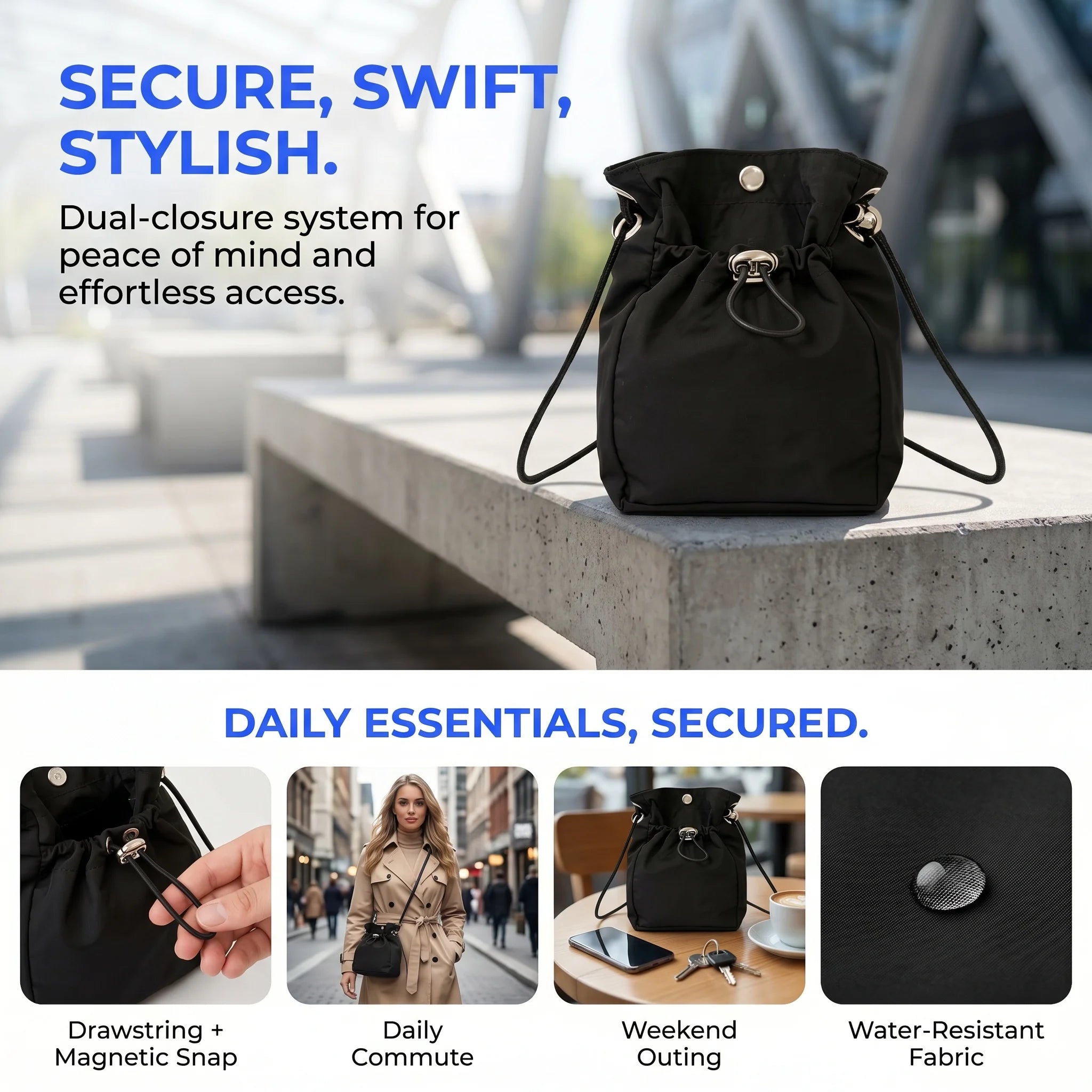 Pomelo Best Mini Nylon Drawstring Crossbody Bag Waterproof Magnetic Snap Small Bucket Shoulder Bag For Daily Travel Outing