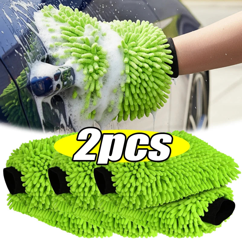 Green Super Absorbent Car Wash Gloves Scratch Free E-bike Auto Cleaning Tool Portable Gloves Car Wash Sponge Microfiber 1/2pcs