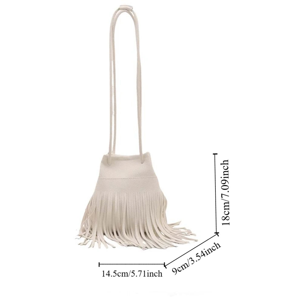 Elegant Tassels Bucket Bag Large Capacity Retro Drawstring PU Bag Khaki Magnetic Button Texture Shoulder Pouch Vacation