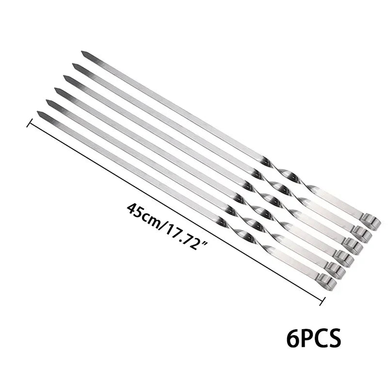 6Pcs Wide Flat Stainless Steel BBQ Skewer Barbecue Sticks Fork Outdoor Camping Picnic Kitchen BBQ Utensil Accessories Supply