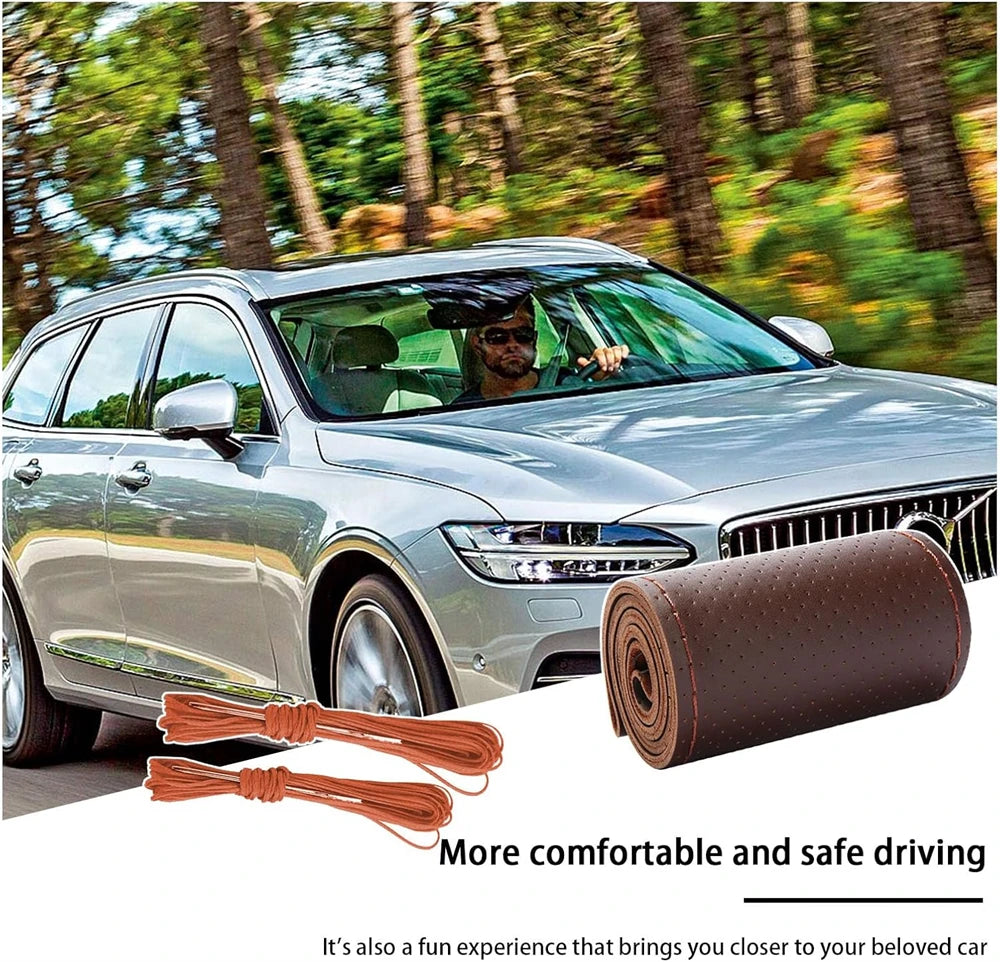 Universal Braid Steering Wheel Cover 38cm Leather Hand Sewing Steering Wheel Cover Genuine Cowhide Leather with Needles Thread