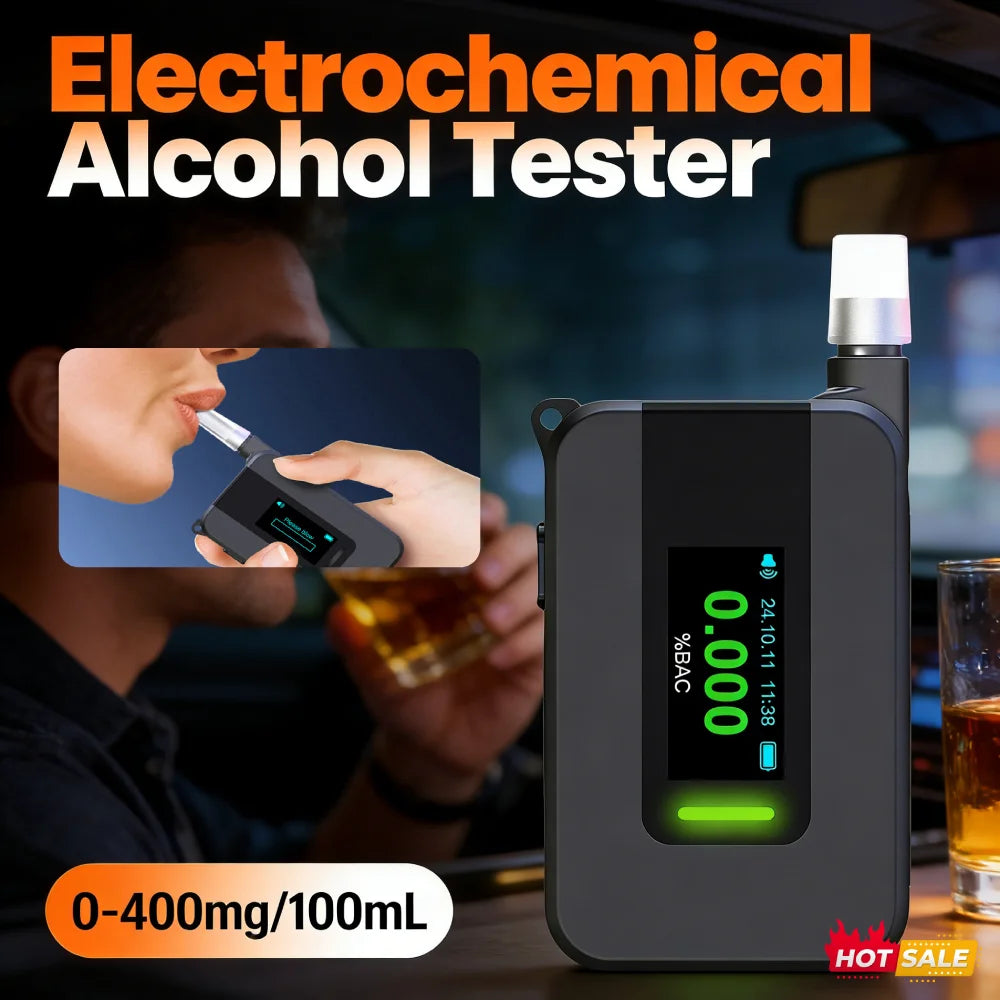 Electrochemical Alcohol Tester IPS Display Blowing Drunk Driving Alcohol Tester Portable Alcohol Meter for Outdoors Expressway