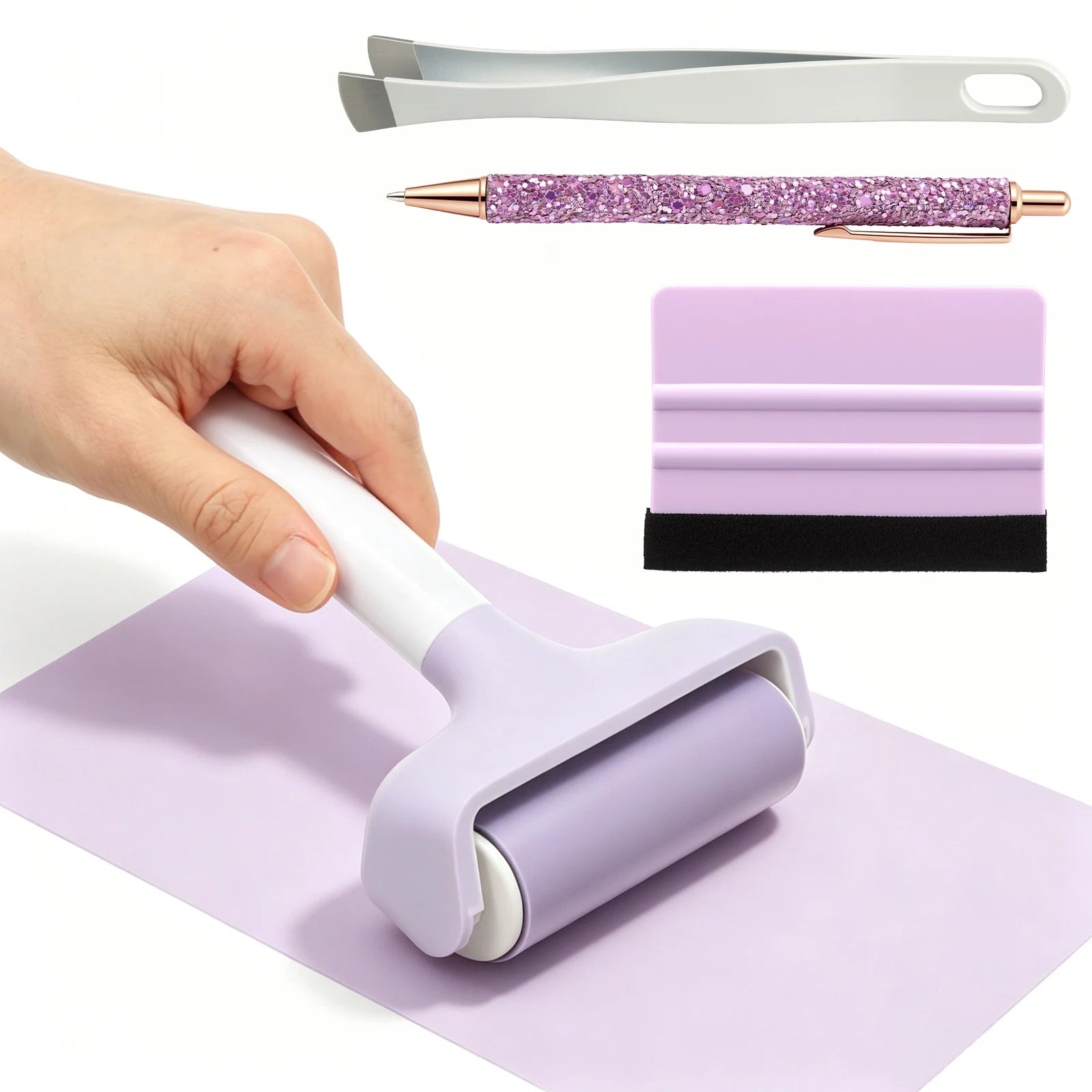 Rubber Brayer Roller Set with Pin Pen Tweezers Felt Squeegee Professional Printmaking Brayer Tool for DIY Embossing Card Making