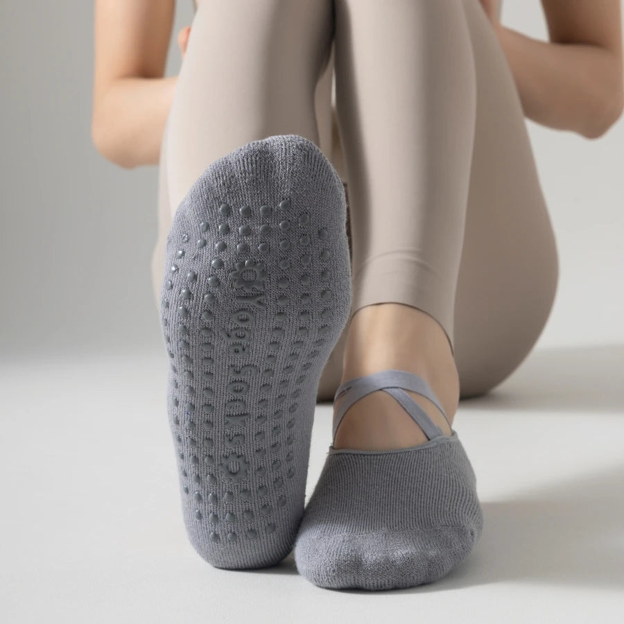 1 pair Professional Yoga Socks,  Cotton Strapping Silicone Anti-Slip Pilates Fitness Dance Floor Socks