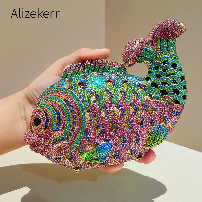 Alizekerr Goldfish Shaped Crystal Evening Bags Women Gorgeous Diamond Metallic Clutch Purses Ladies Unique Handbag Wedding Party