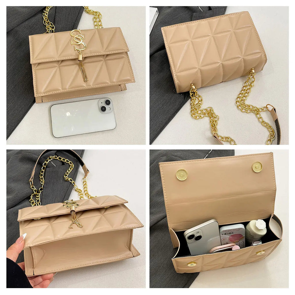 Fashionable Elegant  Argyle Quilted Small Square Bag Exquisite Metal Letter Tassel Diagonal Cross Bag Commuter Shoulder Bag