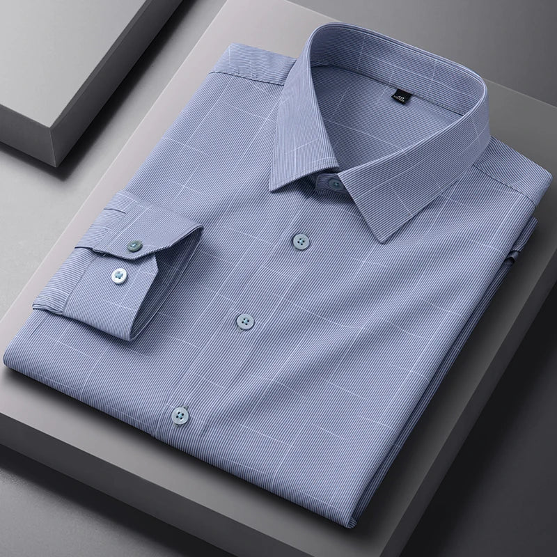New Anti-Wrinkle Men Shirts Long Sleeves Dress Shirts For Men Slim Fit Camisa Social Business Blouse Plaid Striped Office Shirt
