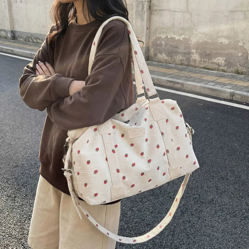 Corduroy Travel Tote Bag Large Capacity Strawberry Travel Handbag with Shoe Compartment Sports Fitness Bag for Women Droshipping