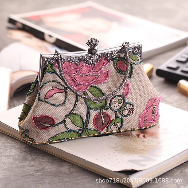 Boutique  Chinese Style Embroidery Floral Women Beaded Evening Purse Bridal Flower Clutch Bag Wedding Party Frame Handbag