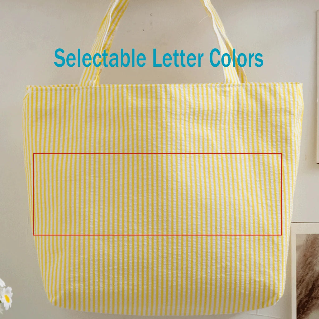 Custom Seersucker Cosmetic Handbag and Travel Organizer — Personalized Chenille Letter Toiletry Bag and Summer Beach Tote