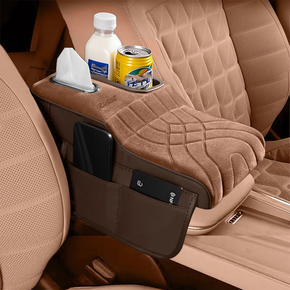 High-Low Style Suede fabric Car Armrest Box Cushion - an Armrest Cover with 2 Side Pockets, 2 Cup Holder,and 1 Tissue Box.