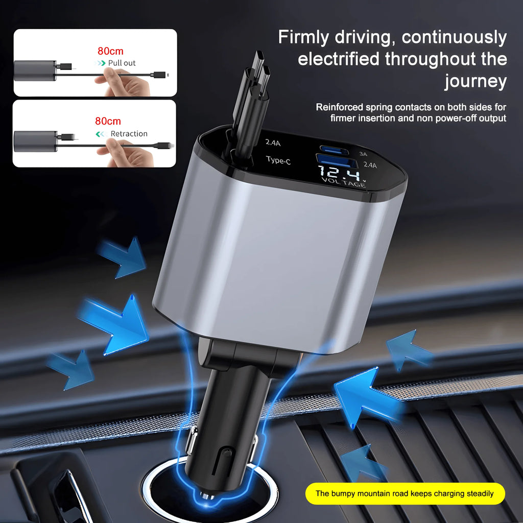 120W Retractable Car Charger 4 in 1 USB C Lightning Fast Charging Adapter for iPhone Samsung Car Accessories