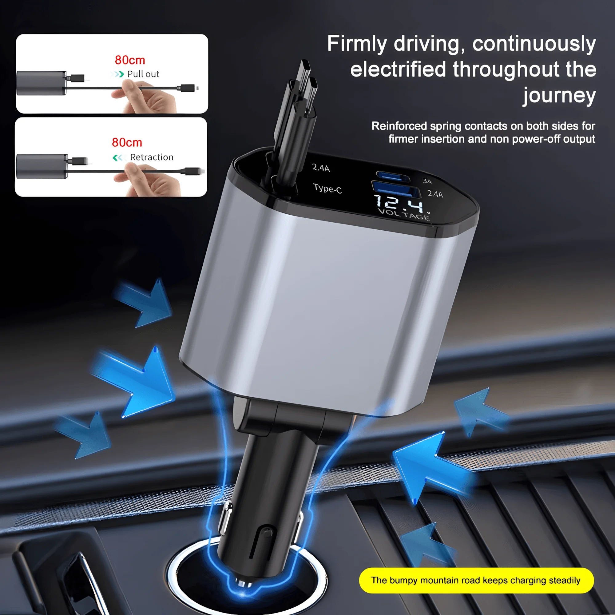 120W Retractable Car Charger 4 in 1 USB C Lightning Fast Charging Adapter for iPhone Samsung Car Accessories