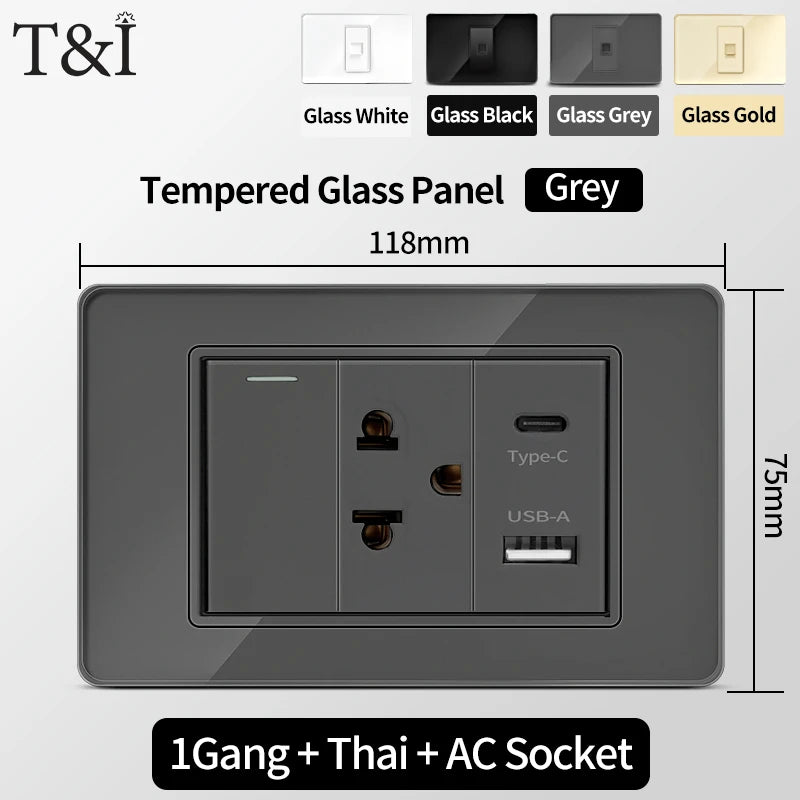 118*75mm TEMPERED GLASS SWITCH PANEL Wall Socket with USB Type - C, Grey US Switch, Thai Plug for Home & Office Use