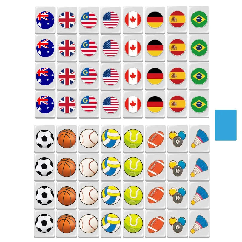 64 Pcs Food and Ball Flag Pattern Mahjong with Animals Mahjong Board Game Single and Double Play Kids Learning Educational Toys