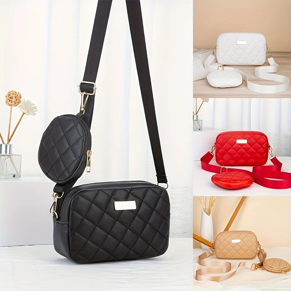 A fashionable crossbody bag set for women, featuring a coin purse, embroidery design, adjustable shoulder strap and zipper openi