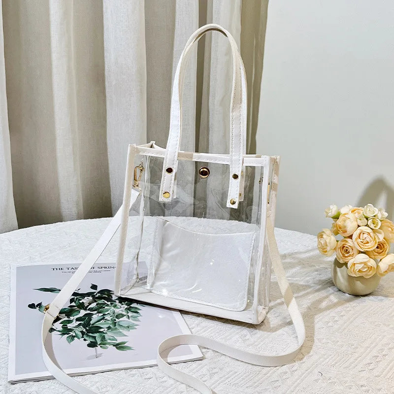 Women Mini Clear PVC Tote Bag Summer Transparent Jelly Handbag With Detachable Crossbody Strap