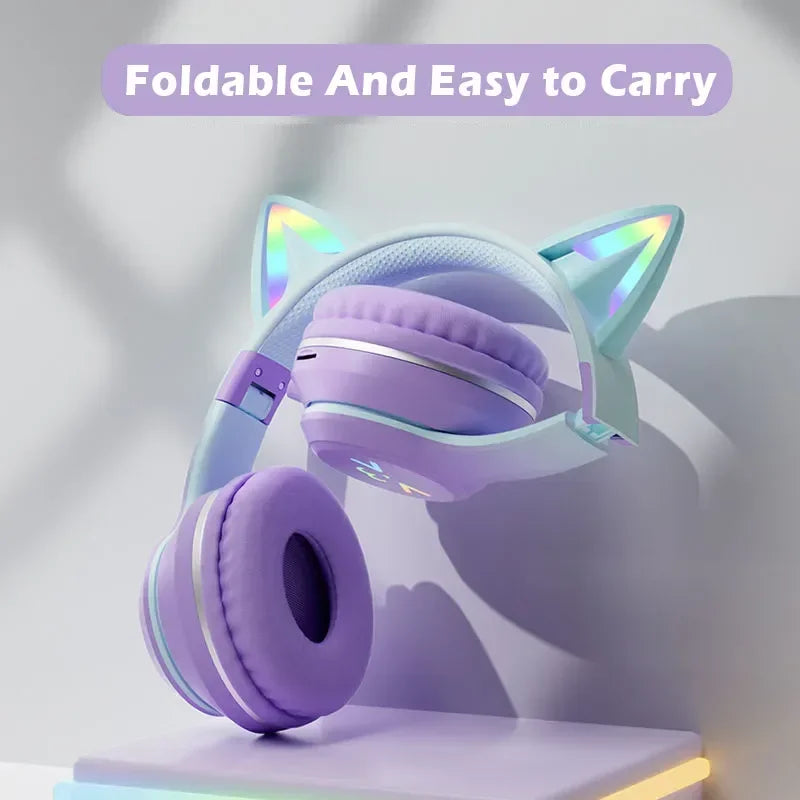 Pink Cat Ears TWS Earphone RGB Smile Face Gradient Headset Cute Gift For Little Girls Compatible With Any Smartphone