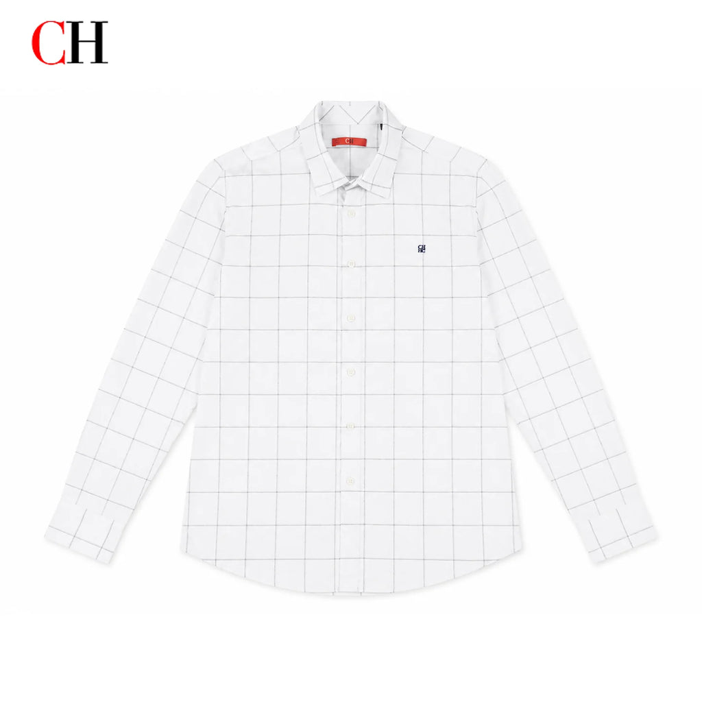 CH Men's White Plaid Long Sleeve Shirt Casual Business Button Down Lightweight Regular Fit Top Spring Autumn