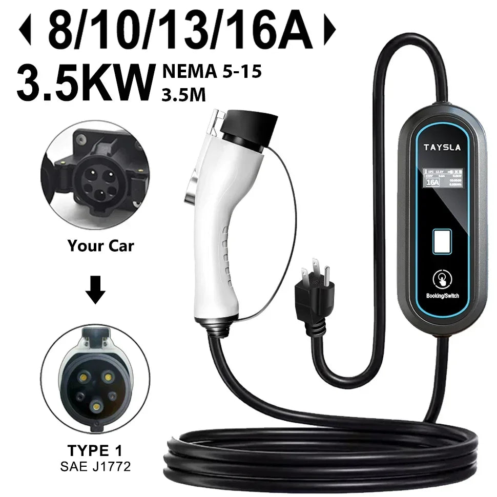 TAYSLA GBT TYPE 1 J1772 Charger 3.5KW 16A US Plug NEMA 5-15 Plugs Electric Car Charging Cable Portable EV Charger for BYD