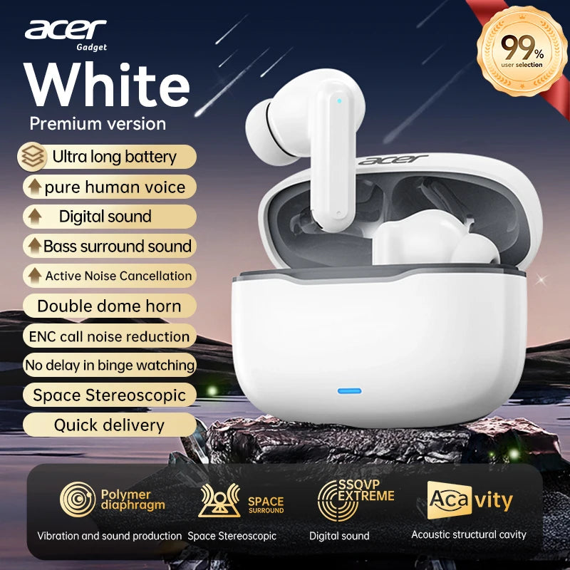 Acer In-Ear Wireless Bluetooth Headphones with Anc Active Noise Reduction, Hd Calls, Dolby Surround Sound, Large Battery, Long Battery Life, No Delay for Music and Games, Suitable for Sports, Running, and Fitness Use