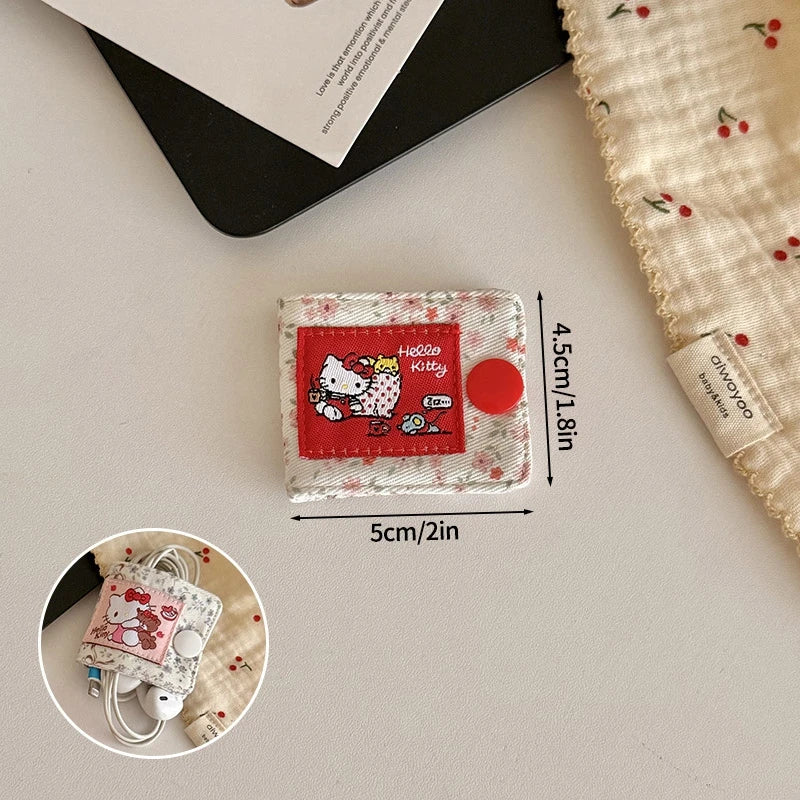 Sanrio Hello Kitty Leopard Print Denim Fabric Data Cable Storage Clip Charging Cable Wired Earphone Brush Storage Gifts for Girl