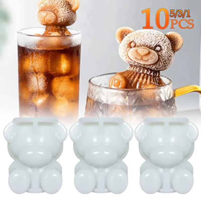 1-10PCS 3D Bear Ice Cube Mold Cube Silicone Bear Ice Grinder Ice Cream Coffee Making Tools Cold Drink DIY Ice Cream Molds