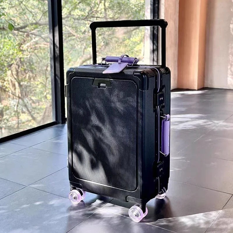 Front opening luggage with aluminum frame, ice skating wheel, leather suitcase, pull rod suitcase, women's suitcase, small suitc