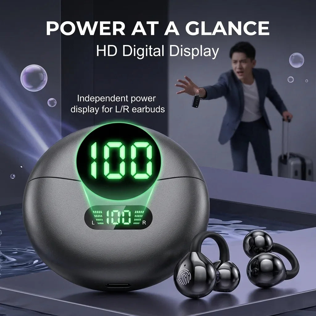 Origin Wireless Earphones Bluetooth Earbuds Clip on Ear HIFI Music Headphones for Smartphone Sport Power Display Compact Headset