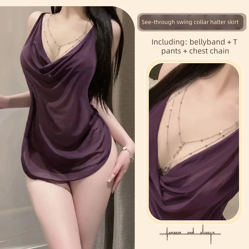 Pure Desire Halter Neck Mesh Swing Collar Beautiful Breasts Halter Sexy Nightdress Sexy Temptation Mesh See-through Pajamas