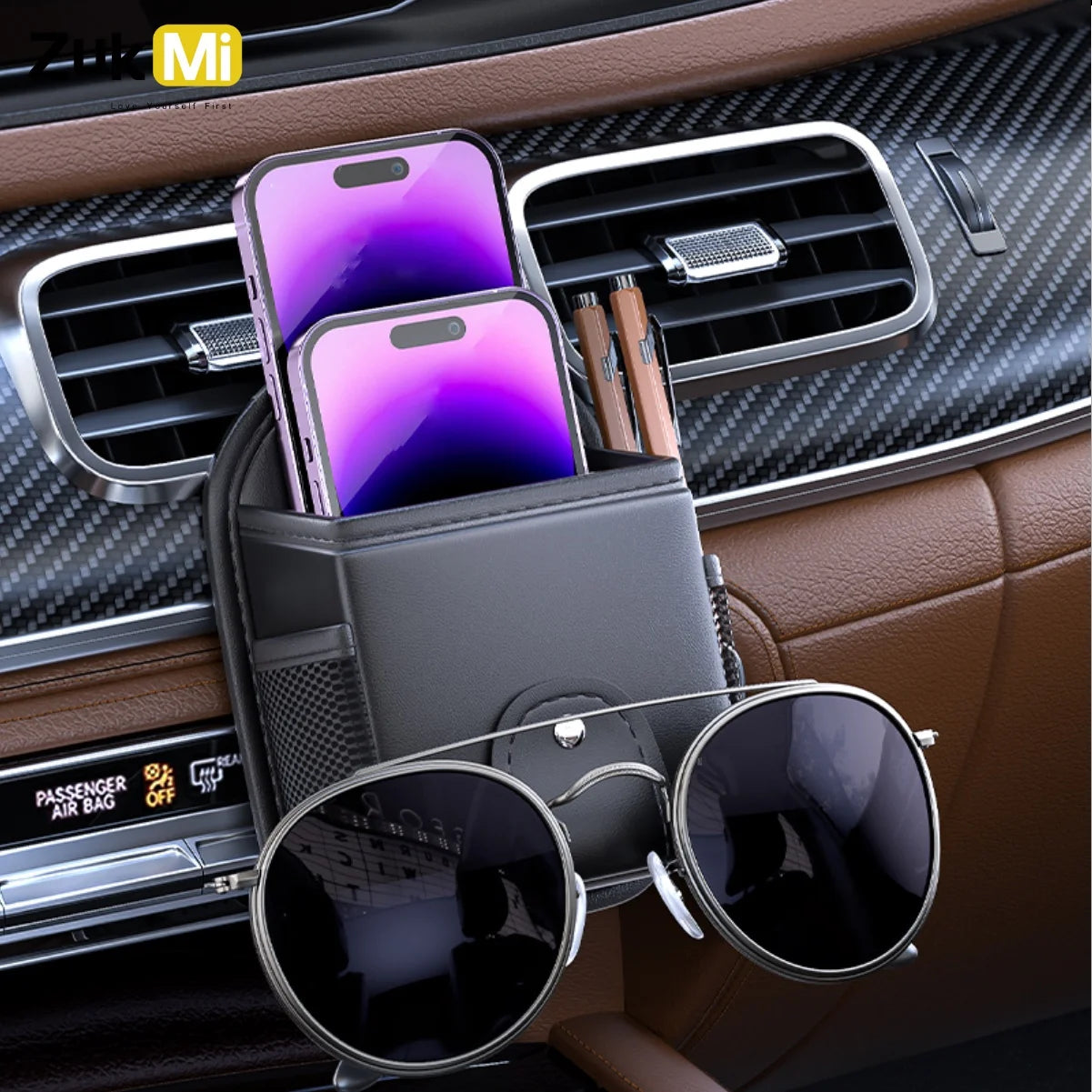 Health Gear Car Air Vent Storage Holder, Car Vent Organizer, PU Leather Vent Storage Bag with Hook, Pocket Car Air Vent Outlet O