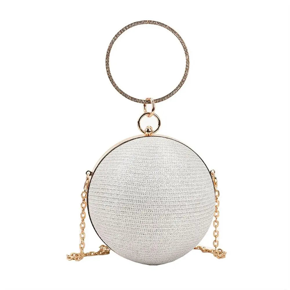 Luxury Circular Evening Bag Gold Bright Silk Rhinestone Decorative Chain Banquet Clutch Handbags Women Female