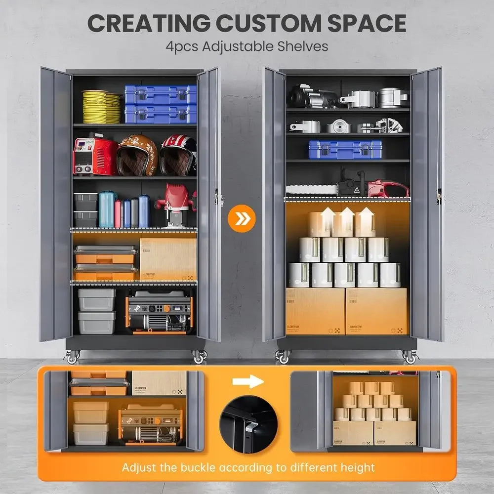 Heavy-Duty Rolling Storage Cabinet with Lock, 2 Doors and 4 Shelves, Tall Tool Cabinet on Wheels for Workshop/Home/Office - Blac