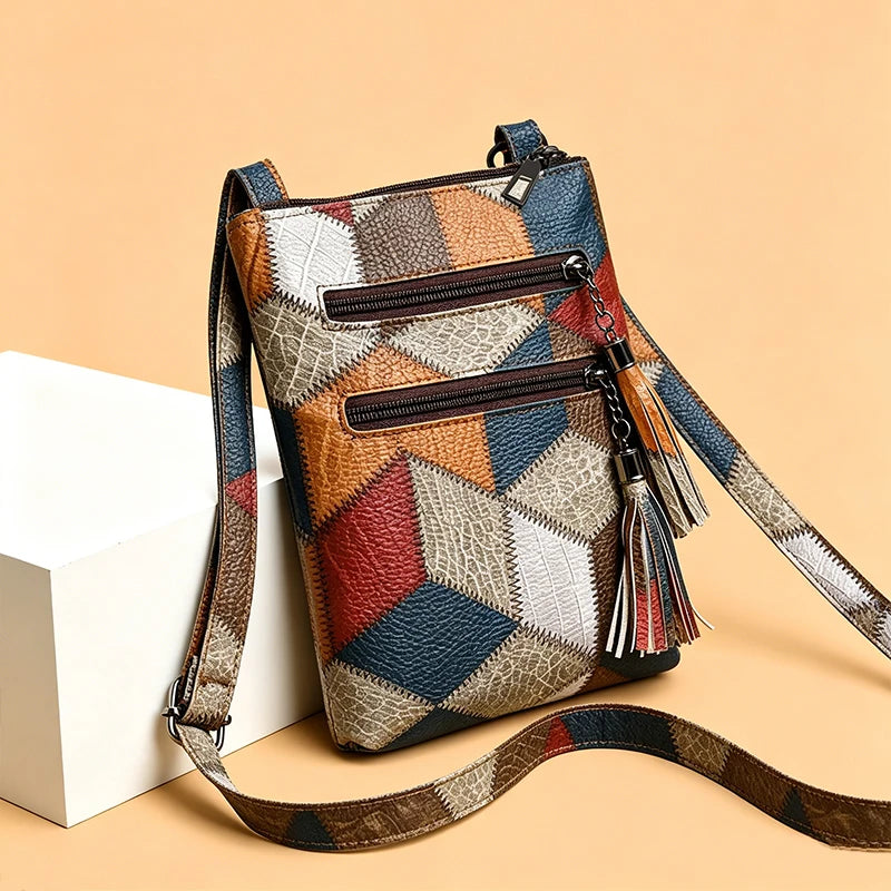 Color Block Vintage Rider Mini Crossbody Pouch Faux Leather Patchwork, Compact Sling Bag for Motorbike Outdoor Leisure Walks