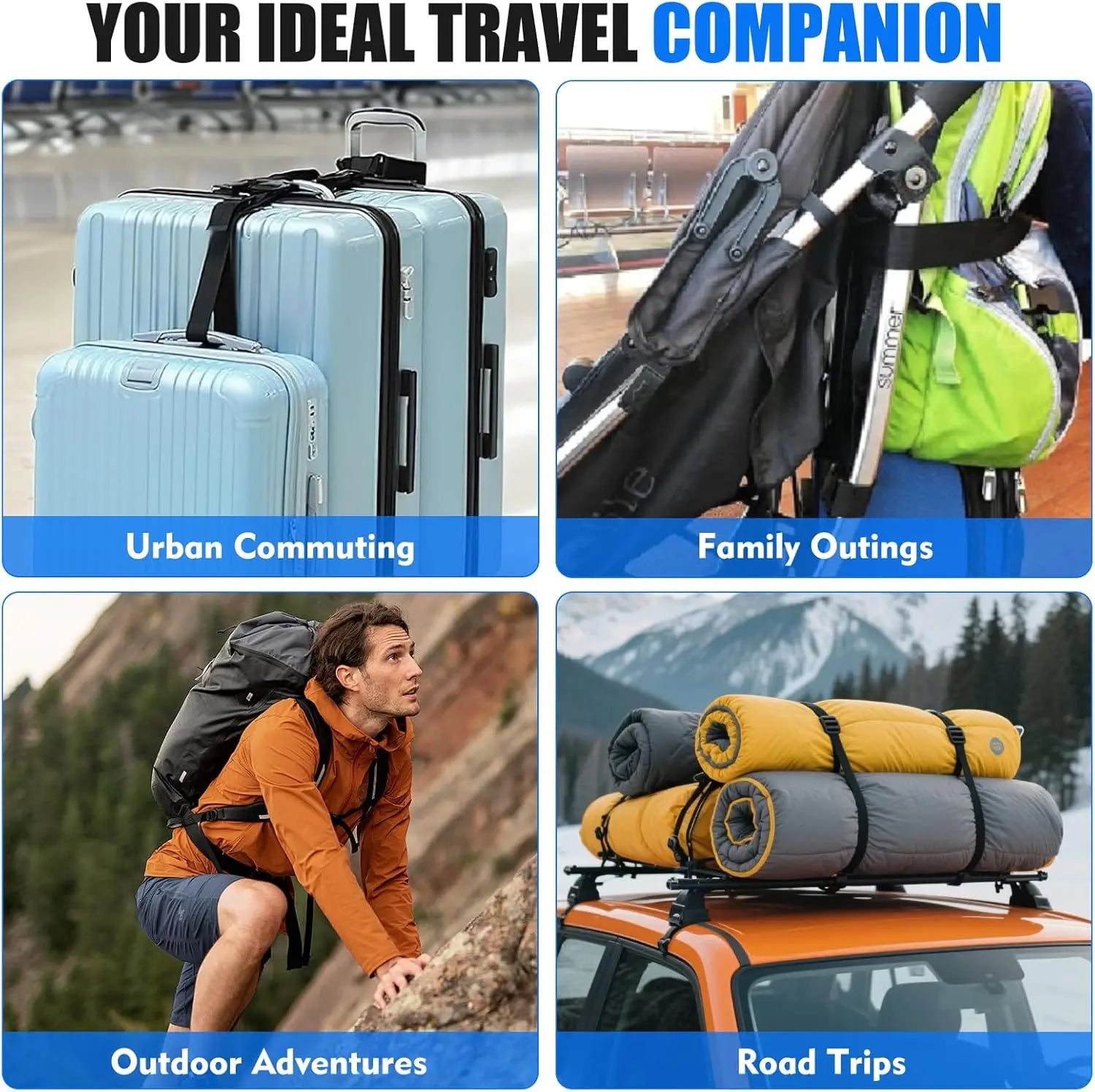 2 Sets Adjustable Nylon Luggage Connecting Straps Portable Fastening Belt Travel Accessory for Suitcase Handbag Outdoor Trip
