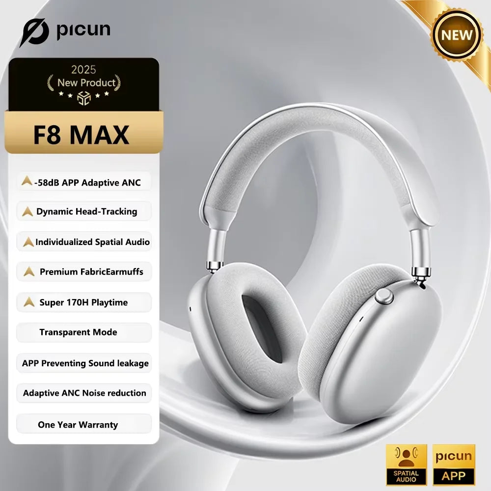 Picun F8 Pro ANC Wireless Headphones Head Tracking 3D Spatial Audio -52dB ANC HIFI Bluetooth Headset ENC HD Mic Low-Latency APP