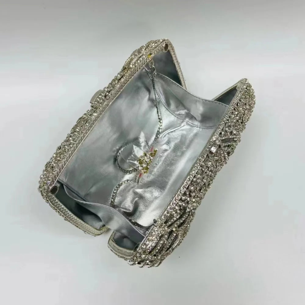 Silver Evening Clutches Diamond Wedding Purses WHTUOHENG Crystal Purses Rhinestone Clutch  Bags Leaves Women Party Handbags