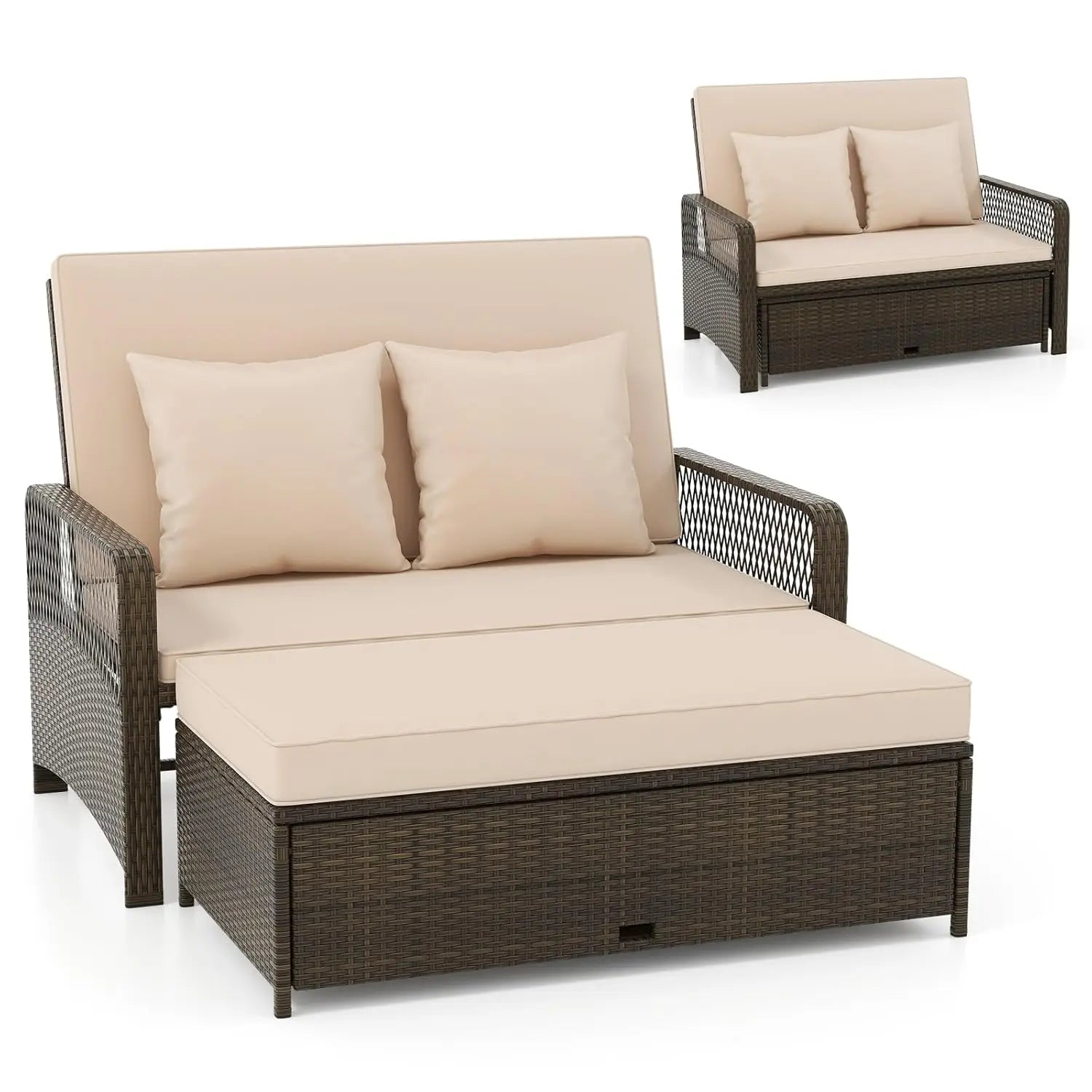 Outdoor Daybed, Wicker Loveseat Sofa Set with Storage Ottoman, 4-Level Adjustable Backrest, Sofa Pillows &, Customized