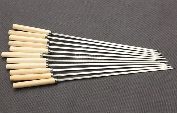 Flat Barbecue Stick BBQ Roasting Needle With Wooden Handle Brochette Tong Kebabe Skewers Stainless Steel Roasting Tools