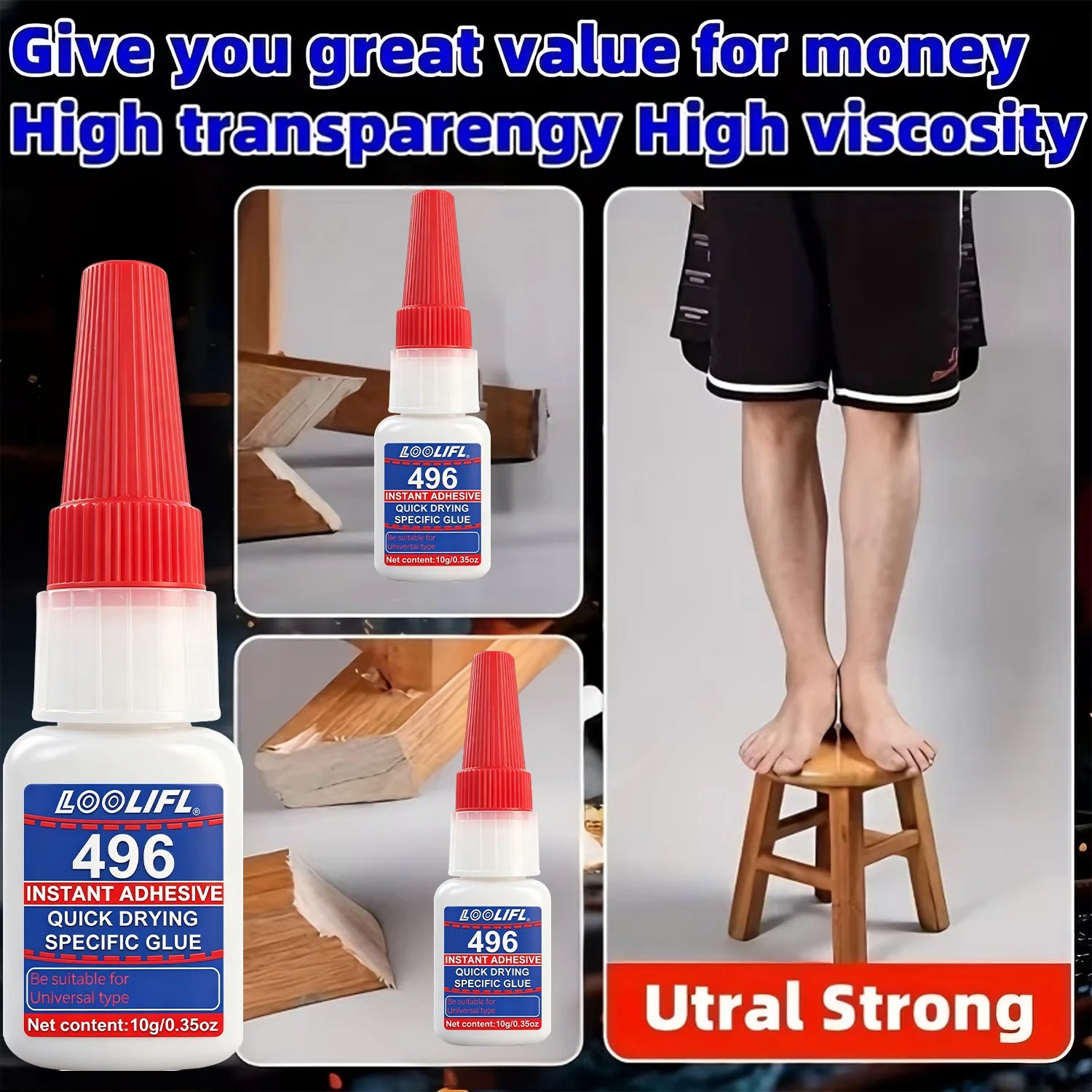 Loolifl Quick-Drying Glue, Dries in 3 Seconds Without Turning White, Strong Adhesive in Just One Step! Compatible with Metal, Plastic, and Wood, Resistant to High and Low Temperatures, Anti-Aging, Precise Application Without