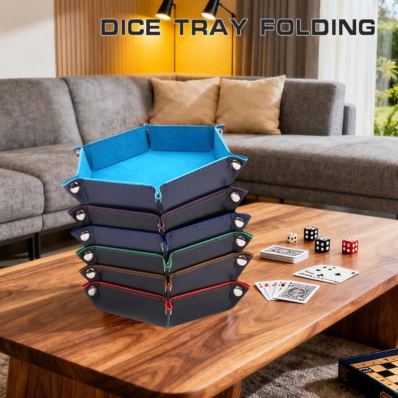 High Quality  Foldable Dice Tray Box PU Leather Folding Hexagon Coin Square Tray Dice Game