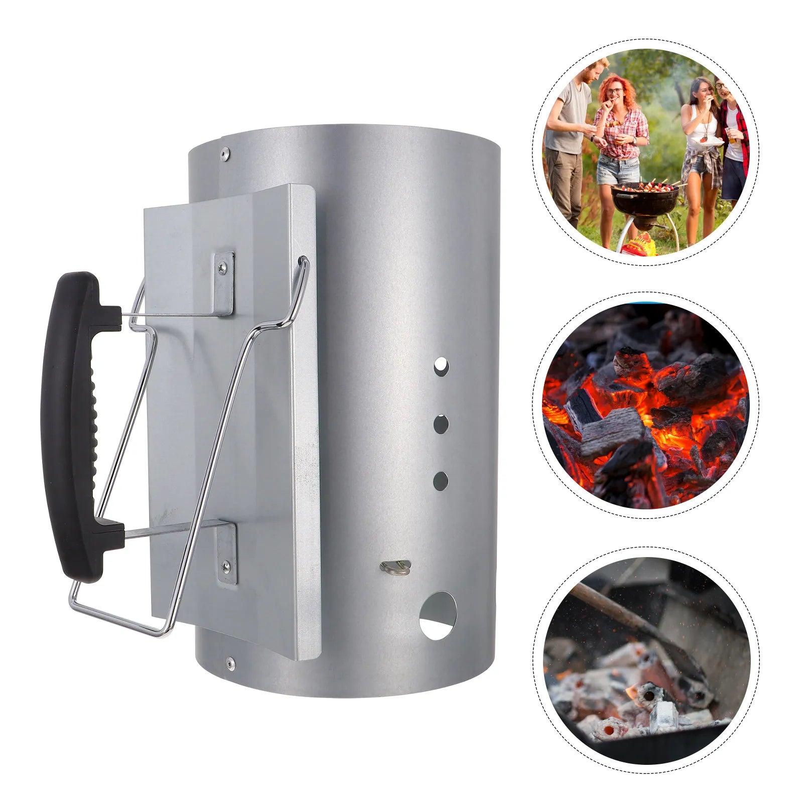 Starter Chimney Barrel with Nylon Heat-Insulated Handle for Outdoor Barbecue Grilling Fast Charcoal Ignition