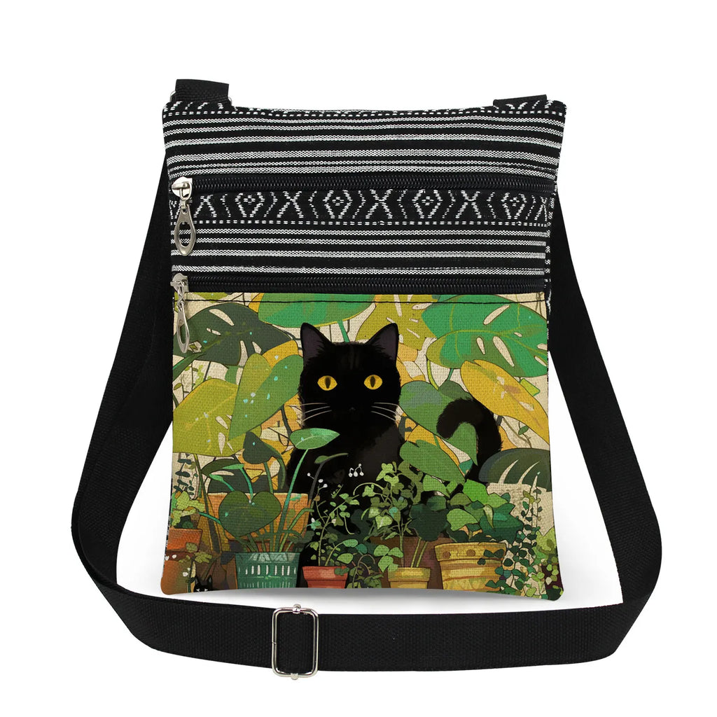 Cute Cartoon Black Cat Print Crossbody Bags Shoulder Bags For Women Daily Travel Portable Small Messenger Bags Catkeeper Gift
