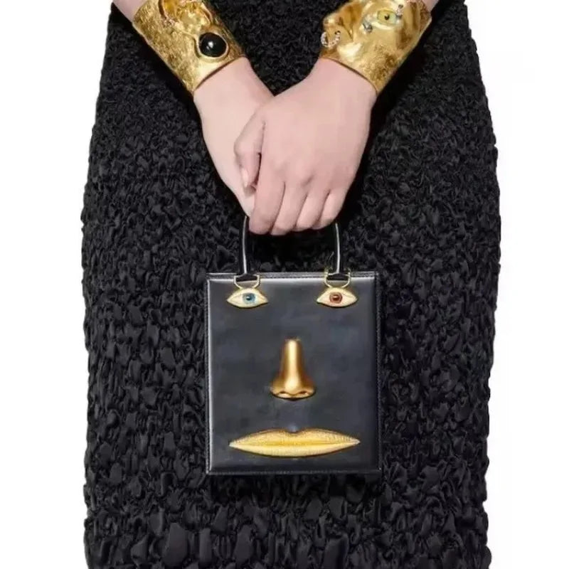 Face Bag Women High Quality Black Leather Luxury Brands Handbag Jewelry Eyes Gold-tone Metal Shoulder Strap Crossbody Bags