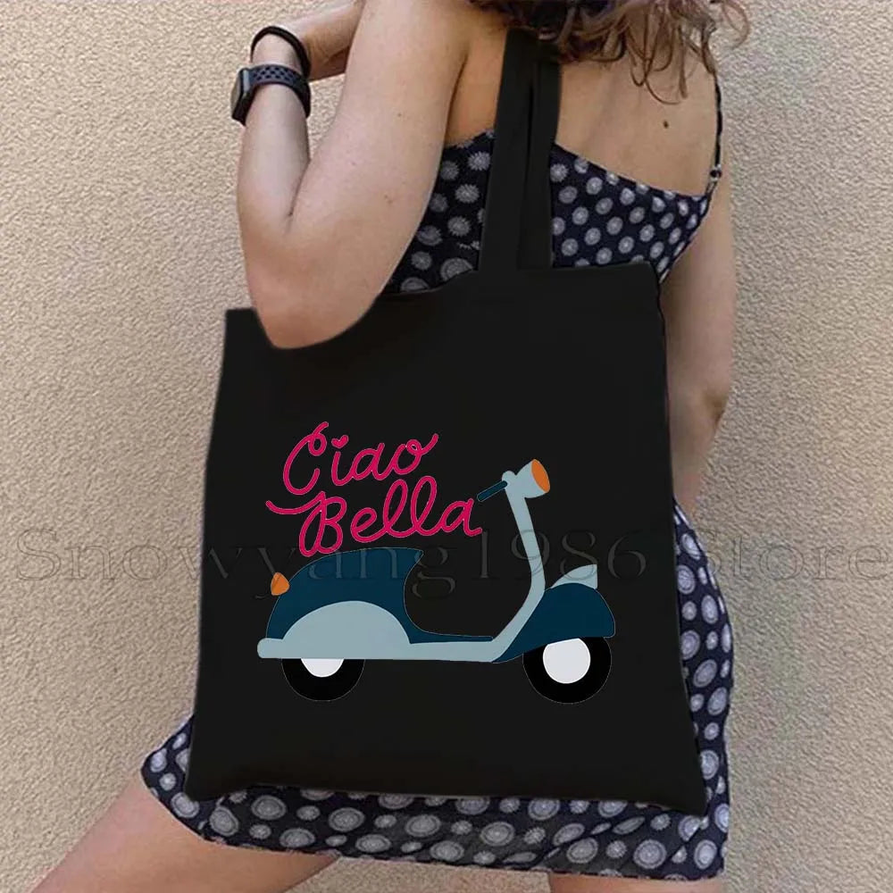 Funny Ciao Bella Saying Italy Flag Rome Colosseum Firenze Florence Panorama Italian Canvas Tote Bag Shopper Girl Casual Handbag