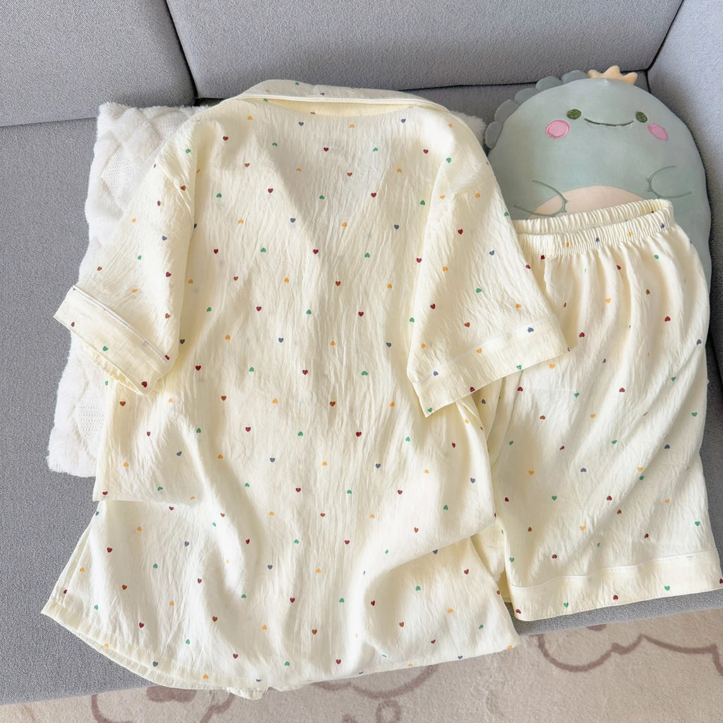 Women's Summer Thin Pajamas with Heart-Shaped Pattern, Short-Sleeved Shorts, Sweet and Cute, Can Be Worn Outside in Summer, Two-Piece Home Wear Set