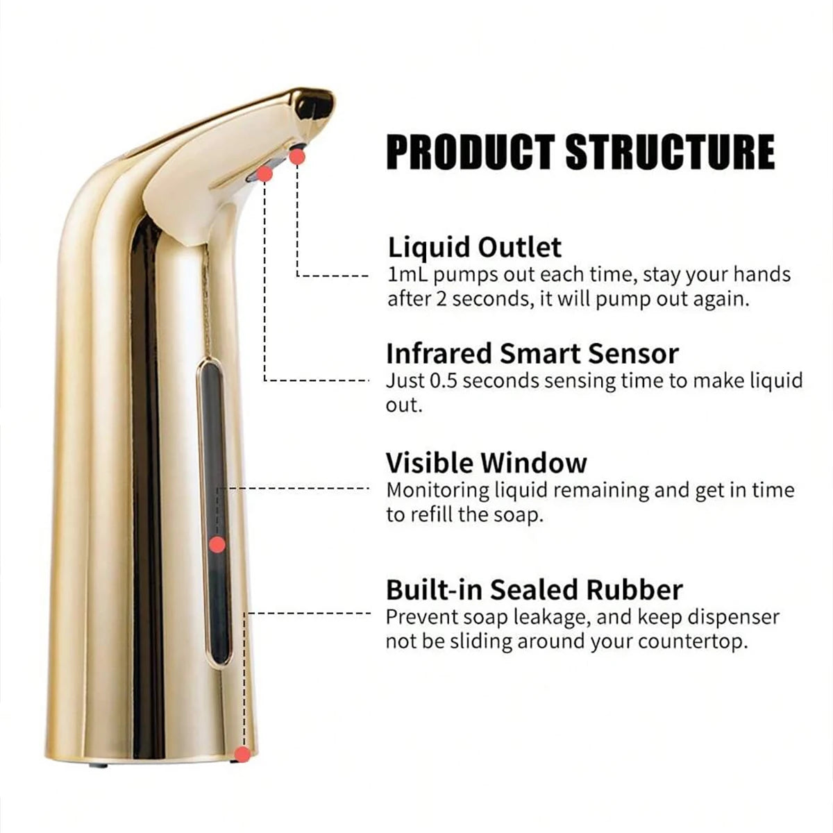 Large Capacity 13.53 Ounces (400ml) Infrared Sensor Touchless Automatic Foam Hand Soap Dispenser, with a High-End Gold-Colored Bottle. Smart Sensor Liquid Container, Suitable for Hand Washing, Kitchen Cleaning, Home Bathroom