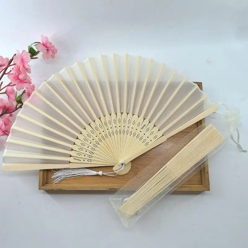 Chinese Style Folding Fan Wear Resist With Organza Bag Bamboo Hand Fan With Tassel Cooling Tool Silk Hand Fan Party Decoration